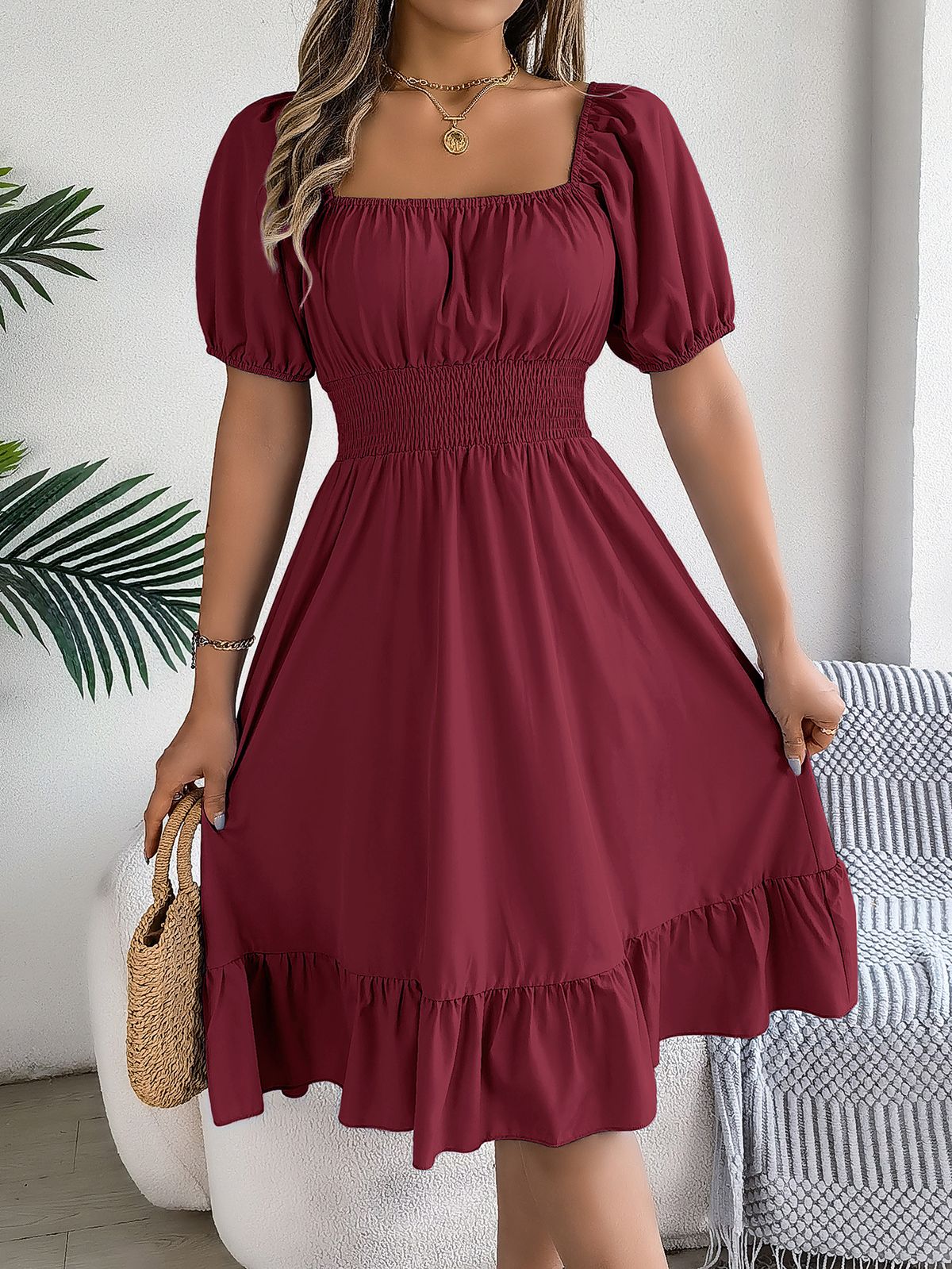 Women's Clothing Leisure Square Neck Short Sleeve Waist Ruffled A Line Skirt_ecoleips.com