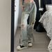 Yellow Mud-colored Ripped Jeans For Women, Autumn Low-waist Straight Pants, American High-end Wasteland Style, Slightly_ecoleips.com