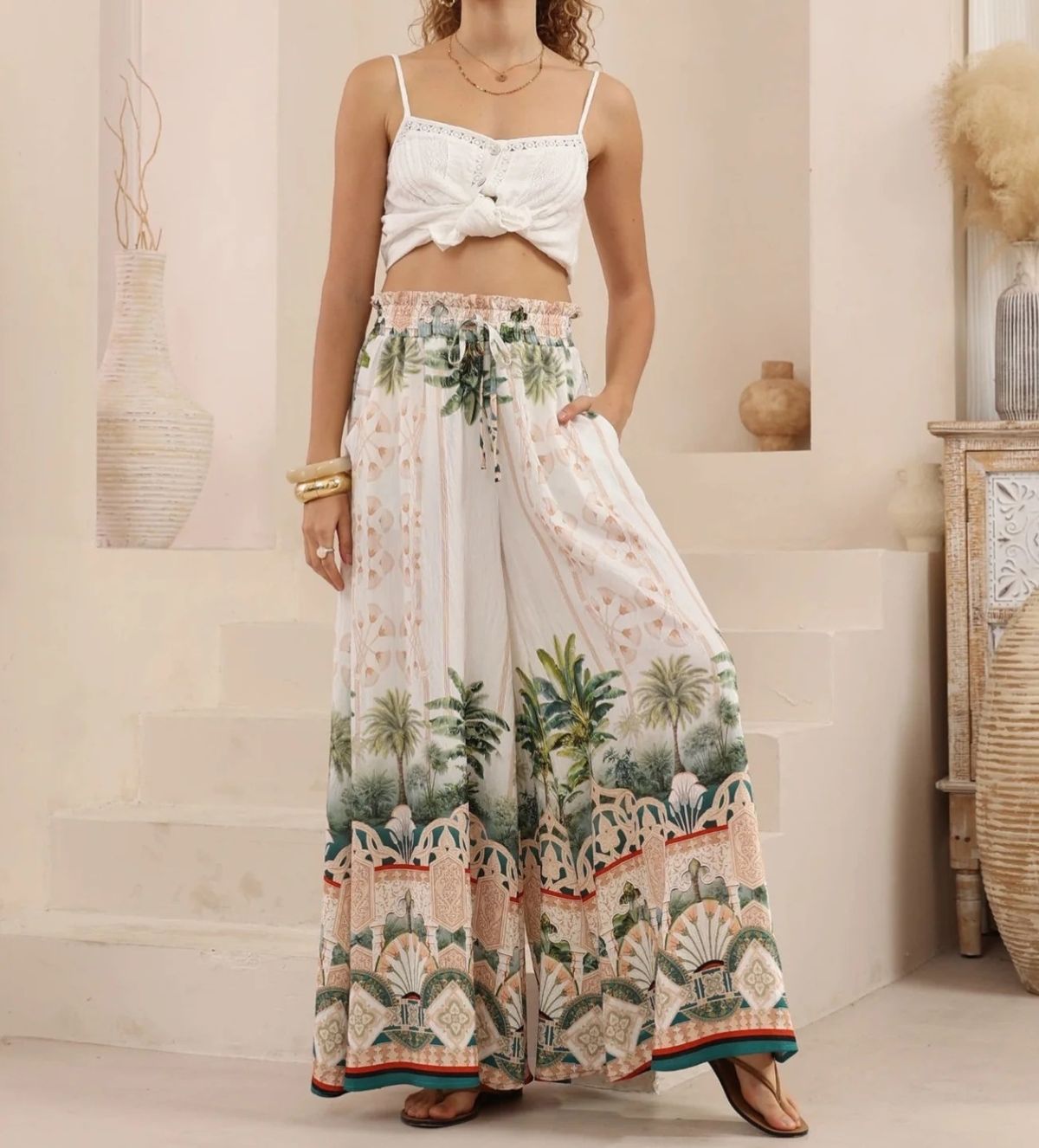 Women's Clothing Boho Printed Palazzo Pants – Flowy Wide-Leg Trousers For Women (White, S-XL)_ecoleips.com