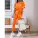 Women's Clothing Spring Summer Two Piece Set Round Neck Short Sleeve High Waisted Side Pocket Pants_ecoleips.com