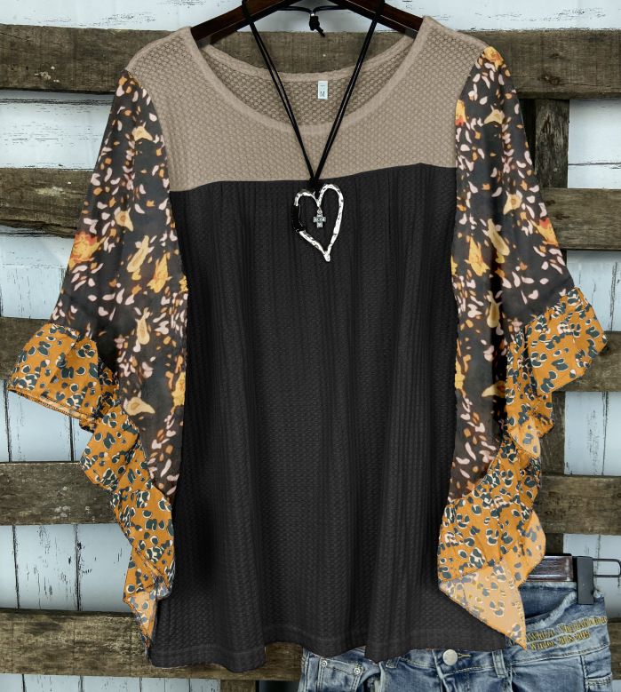 Aria Basics Aria Basics 2022 Cross-Border European And American Women's Clothing Spring/Summer Bat Sleeve Printed Color Block Waffle_ecoleips.com
