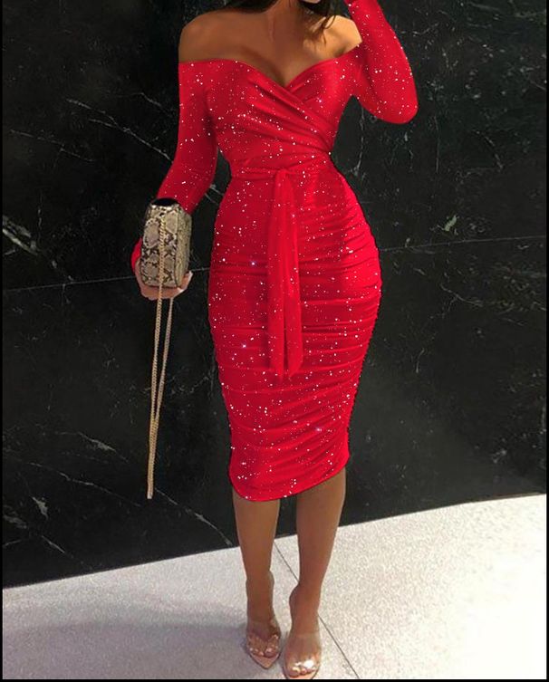 Women's Clothing Solid Color Hot Stamping One Shoulder Slim Fit Hip Waist Tight Dress_ecoleips.com