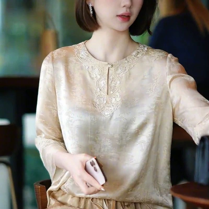 New Chinese Style Spring/Summer High-End Pullover Embroidered Vintage Long-Sleeve Top Loose Casual Versatile T-Shirt For_ecoleips.com