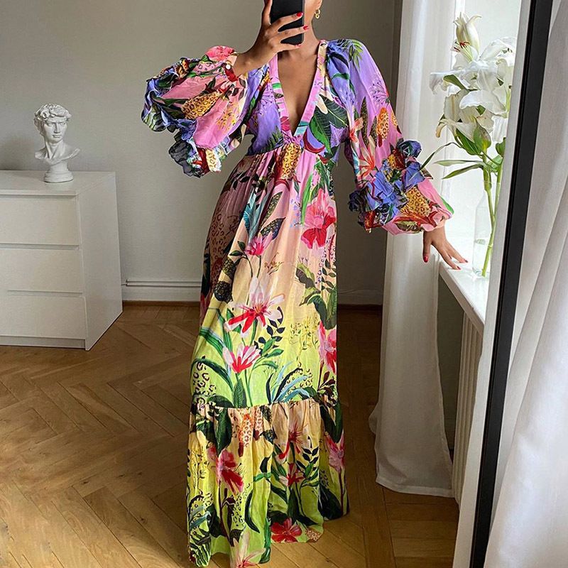 Women's Clothing Printed Gradient Dress Ruffle V Neck Sexy Slim Dress_ecoleips.com