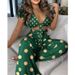 Women's Clothing Summer New Printed Short Sleeved Lace Up Suit Sexy Low Neck Trousers Two Piece Suit_ecoleips.com