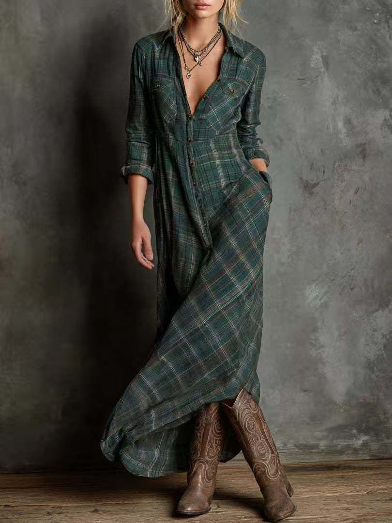 Women's Clothing Women's Retro Plaid Long Sleeve Shirt Collar Dress Fashion Long Sleeve For Formal & Casual For Women_ecoleips.com