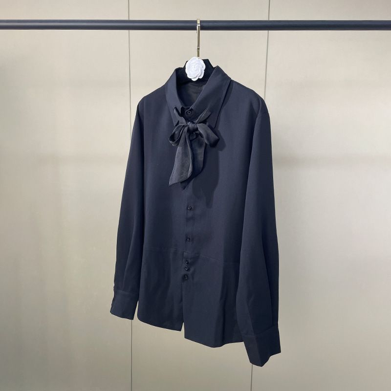 Black Long Sleeved Blouse for Women with Bow Tie Sophisticated Elegant Loose Fit Slimming Drape Versatile Casual Professional Design_ecoleips.com