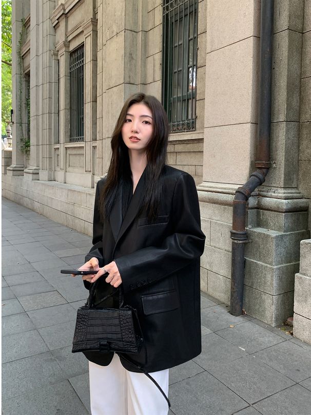 Women's Elegant Black PU Leather Blazer Loose Fit Spring Autumn New Style Sophisticated Outerwear_ecoleips.com
