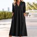 Summer New Style Women's Casual Dress Solid Color Cotton Linen Short Sleeve V Neck Pocket Detail_ecoleips.com