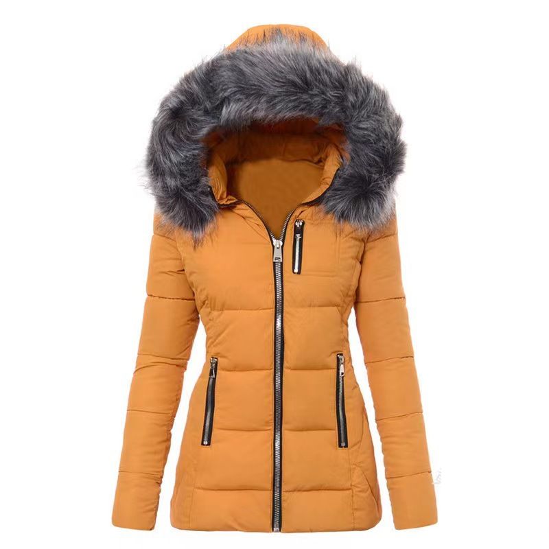 Women's Clothing color fur collar zipper decoration slim cotton coat for women thick coat for women_ecoleips.com