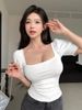 Women's Square Neck Puff Sleeve Shirt Summer Short Knitted Patchwork Top Pure Alluring Hot Style Clothing_ecoleips.com