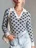 Women Soft Skin-Friendly Breathable Heart Print Knit Top Contrast Polo V Neck Long Sleeve Oversized Loose Fuzzy Knit Sweater_ecoleips.com