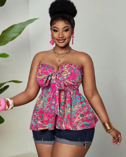 Curvy Women Vacation Print Halter Twist Tank Top, Waist Cinched Ruffle Hem Sleeveless Slimming Blouse_ecoleips.com