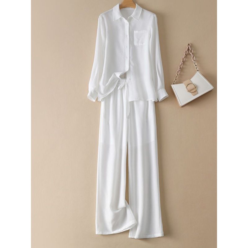 Fashion Set for Women Old Money Style Relaxed Fit Long Sleeved Shirt Wide Leg Pants Two Piece Spring Summer New Arrival_ecoleips.com