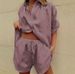 Women's Clothing Summer New Solid Color Single Breasted Short Sleeved Shirt Two Piece Wide Leg Pants Lace Up Shorts_ecoleips.com