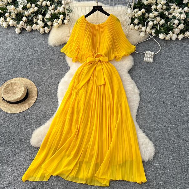 Women's Elegant Drape Dress with Shawl Sleeves And Tie Waist European American Style French Design Pleated Chiffon Long Skirt_ecoleips.com