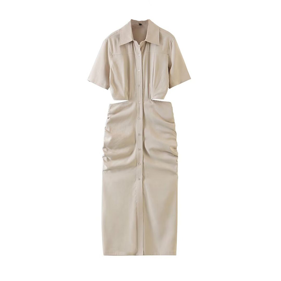 Spring 2025 Women's Fashion Simple European American Style Short Sleeve Long Dress Waist Exposing Casual Elegant Women's Clothing_ecoleips.com