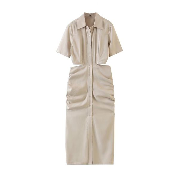 Spring 2025 Women's Fashion Simple European American Style Short Sleeve Long Dress Waist Exposing Casual Elegant Women's Clothing_ecoleips.com