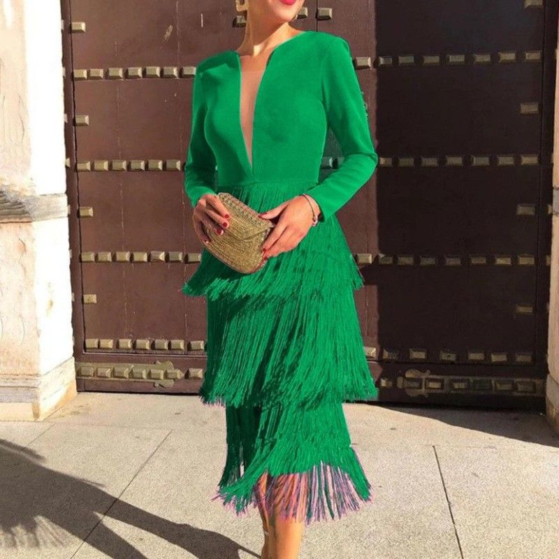 Women's Clothing A51010 sexy perspective stitching tassel high waist slim hip evening dress women's dress_ecoleips.com