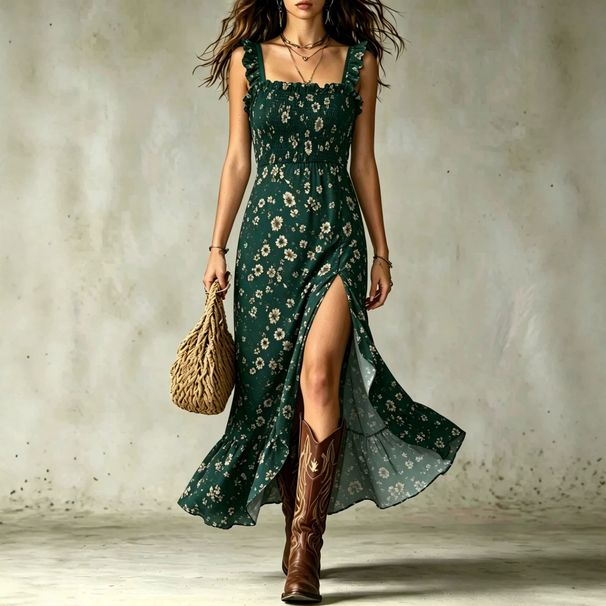 Floral Print Square Neck Slit Midi Dress With Ruffle Trim, Adjustable Spaghetti Strap Sundress For Vacation_ecoleips.com