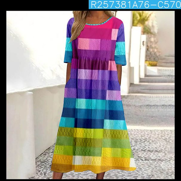 Women's Mid-Waist Summer Casual Round Neck Printed Flared Dress_ecoleips.com