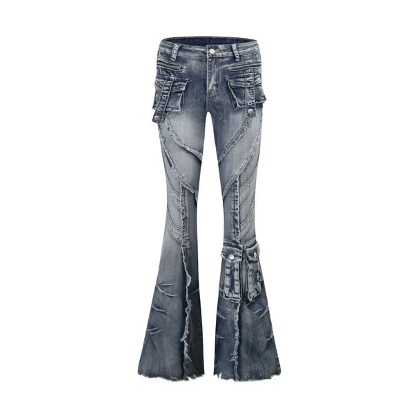 Vintage American Flare Jeans For Women - High Waisted Stretchy Denim Pants With Distressed Wash, Retro Streetwear Style_ecoleips.com