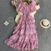 Retro Floral Chiffon Dress Slimming High Waist Bubble Sleeve Holiday Cake Skirt For Women Summer New Style_ecoleips.com