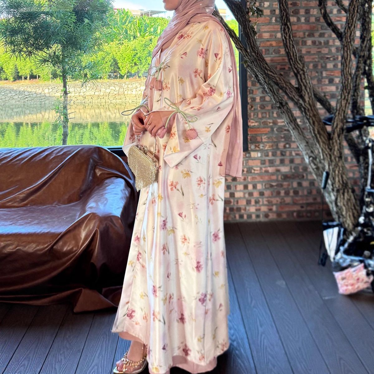 Women's Clothing Modest Abaya Dress Elegant Tulip-Print Abaya Set – Pink Satin Kimono Dress With Floral Pattern, Modest Loose Fit Long Sleeve Maxi_ecoleips.com