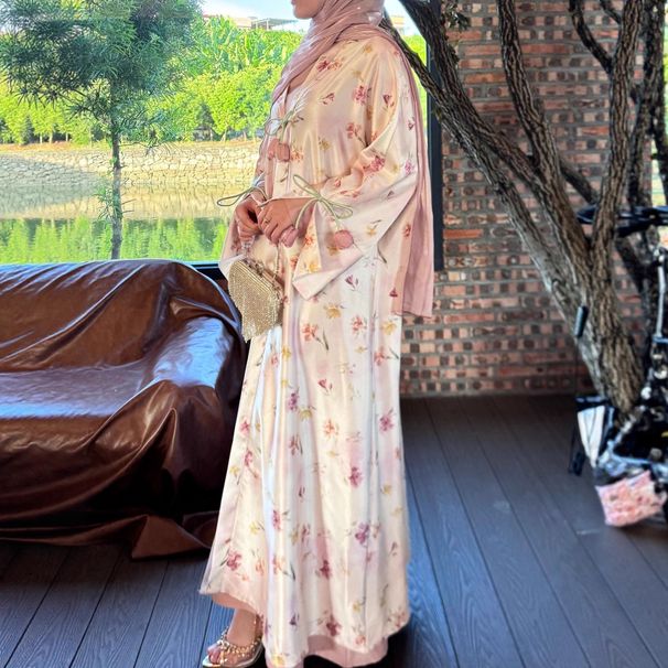 Women's Clothing Modest Abaya Dress Elegant Tulip-Print Abaya Set – Pink Satin Kimono Dress With Floral Pattern, Modest Loose Fit Long Sleeve Maxi_ecoleips.com