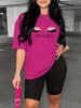 Summer Women's Casual And Fashionable Eyelash Eye Letter Printed Round Neck Loose T-shirt+shorts Two-piece Sportswear Suitable For Daily Wear-24_ecoleips.com