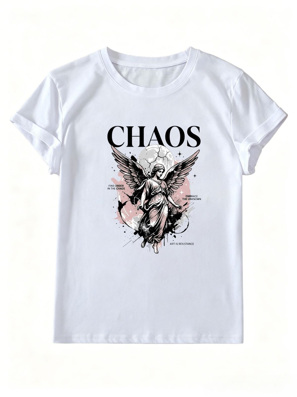 Women Chaos Angel Graphic T Shirt Vintage Cracked Moon Find Order In The Chaos Slogan Y2K Grunge Gothic Dark Aesthetic Short Sleeve Streetwear Tee_ecoleips.com