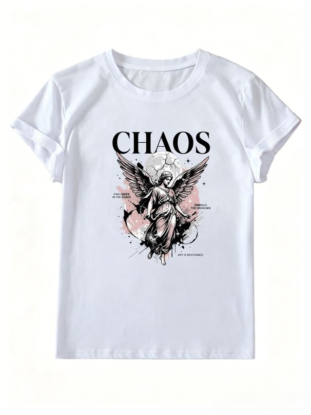 Women Chaos Angel Graphic T Shirt Vintage Cracked Moon Find Order In The Chaos Slogan Y2K Grunge Gothic Dark Aesthetic Short Sleeve Streetwear Tee_ecoleips.com