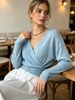 Sky Blue Deep V Wrap Pit Rib Knit Sweater, Loose Lightweight Breathable Soft Skin-touch Long Sleeve Waist Cuff Pullover_ecoleips.com