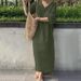 New Women's Loose Short Sleeved V-neck Solid Color Large Cotton And Linen Long Skirt_ecoleips.com