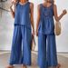 Elegant Solid Color Lace Hollow-Out Two-Piece Set Women's Fashion Vest & Wide-Leg Pants For Casual & Office Wear_ecoleips.com