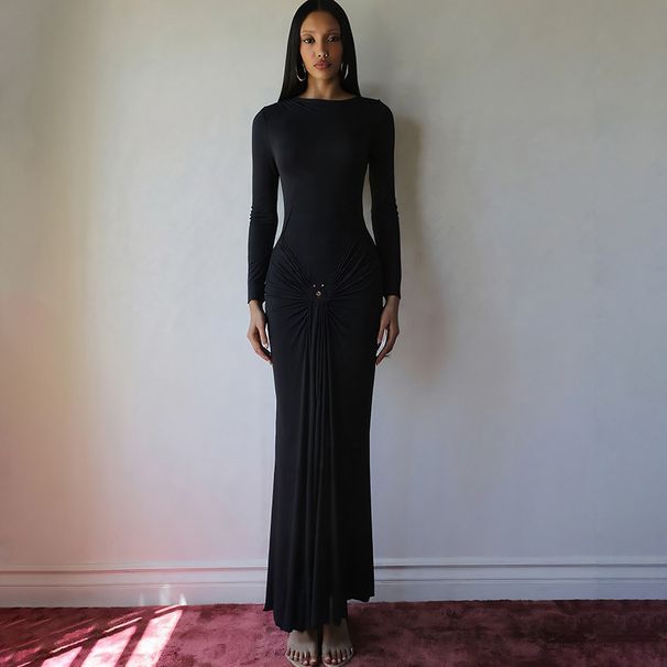 Elegant Solid Color Belted Dress With Metal Ring Detail – High-Waisted Long Sleeve Midi Dress For Fall/Winter_ecoleips.com