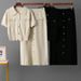 Elegant French-Inspired Knitted Two-Piece Set For Women - Polo Collar Top & Slim Midi Skirt (Black/Khaki/Apricot, One Size Fits All)_ecoleips.com