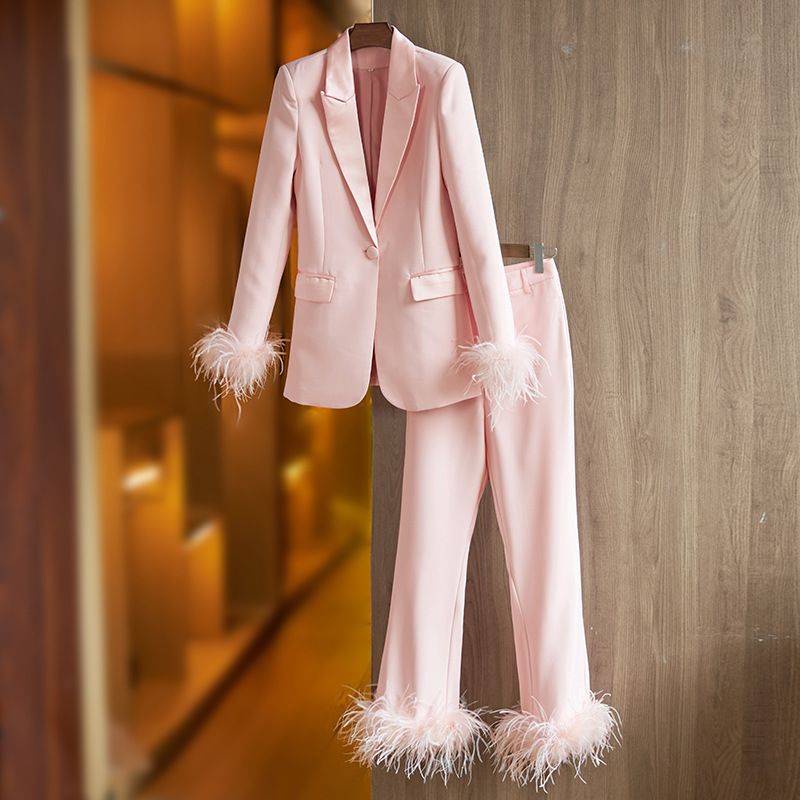 Women's Clothing Autumn and Winter Satin Collar Spliced Blazer Feather Decoration Dress Suit Straight leg Pants Two piece Set_ecoleips.com