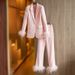 Women's Clothing Autumn and Winter Satin Collar Spliced Blazer Feather Decoration Dress Suit Straight leg Pants Two piece Set_ecoleips.com