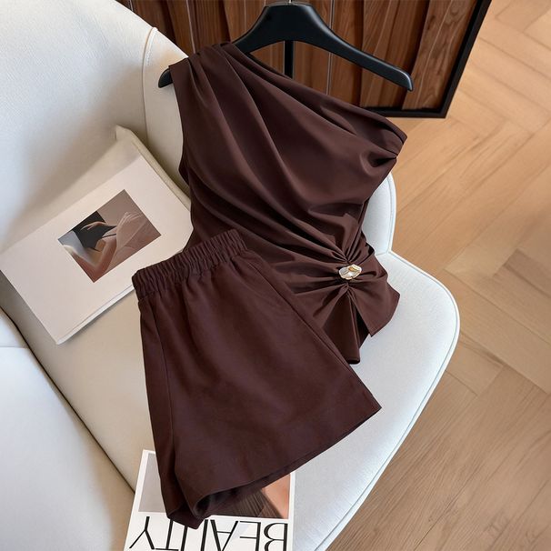 Women's Clothing Elegant Off-Shoulder Pleated Shorts Suit For Women American Style Spring Summer_ecoleips.com