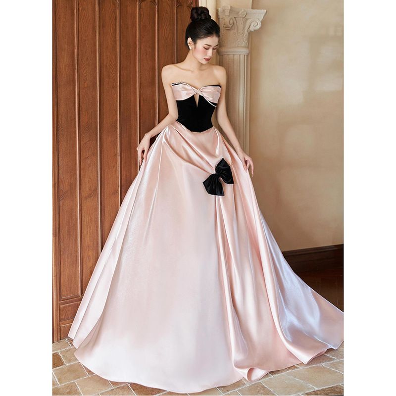 Pink Strapless Satin Evening Gown Women's French Style Princess Dress for Coming of Age Ceremony Engagement Party Bride Toasting_ecoleips.com