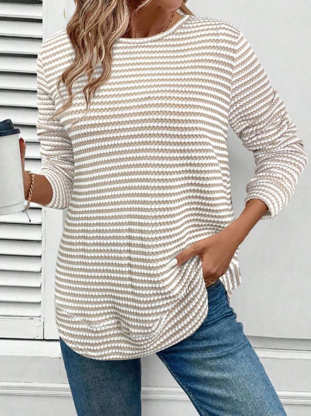 Casual Autumn And Winter Long-Sleeved Knitted Round-Neck Pullover T-Shirt Top With Openwork Pattern_ecoleips.com