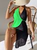 Women's Hollow-Out Cover-Up Dress With Crisscross Neckline, Color Blocking & Asymmetrical Hem – Stylish Beachwear & Casual Wear_ecoleips.com
