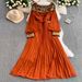 Women's Clothing High Quality! Elegant Lady Heavy Work Show Pearl Sequin Round Neck Dress Dress Female Waist Slim Pleated Long Skirt_ecoleips.com