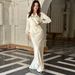 Modest Set Satin V-Neck Blouse & Flowy Skirt Set – Effortlessly Elegant Workwear Ensemble_ecoleips.com