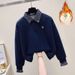 Vintage Plaid Polo-Collar Sweatshirt & Fleece-Lined Drawstring Jeans Set - Cozy Academic Style (Blue/Beige/Grey)_ecoleips.com