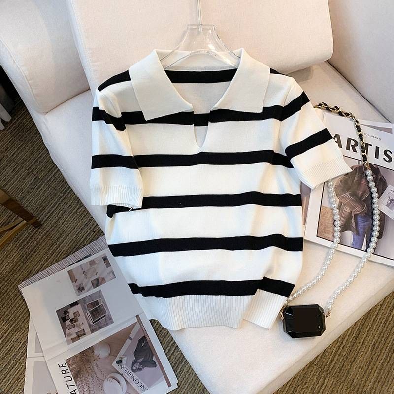 Women's Clothing Elegant Striped V-Neck T-Shirt For Women Ice Silk Knit Short-Sleeved Top Summer Autumn Style_ecoleips.com