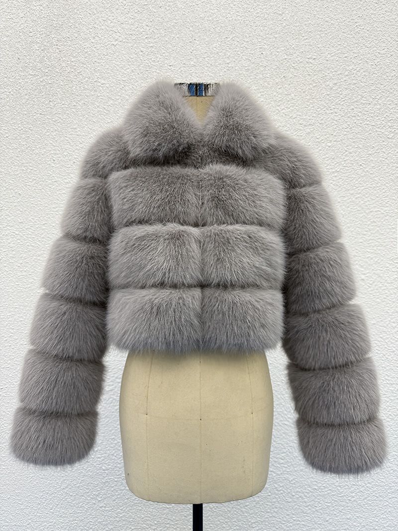 Women's Winter Faux Fox Fur Coat - Round Neck Spliced Artificial Fur Jacket, Fashionable & Warm Outerwear For Cold Weather_ecoleips.com