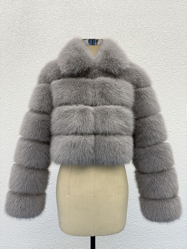Women's Winter Faux Fox Fur Coat - Round Neck Spliced Artificial Fur Jacket, Fashionable & Warm Outerwear For Cold Weather_ecoleips.com