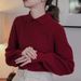girl 「White Drawing」Wool Retro French Waffle Knit Puff Sleeve New Year Christmas Red Sweater_ecoleips.com